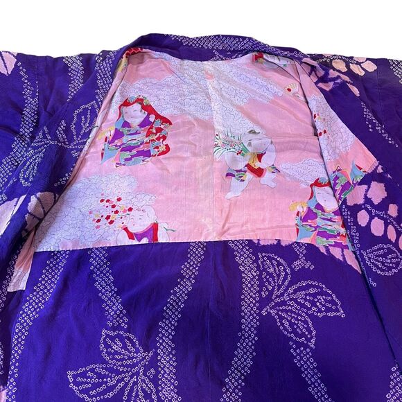 Japanese Kimono Yukata Robe Floral Womens One Size Purple Pink Asian Wide Sleeve - Picture 3 of 12